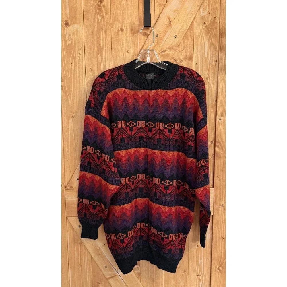 Vintage Baby Alpaca Southwestern Geometric Knit Sweater Men’s Medium Red Black